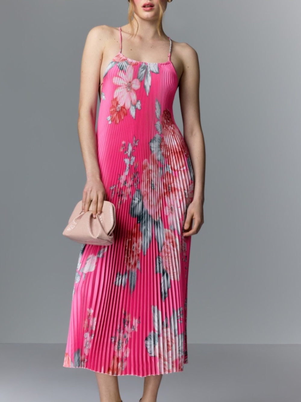 L’Idee Ete Floral Print Pink Pleated Strappy Backless Midi Dress - US 6